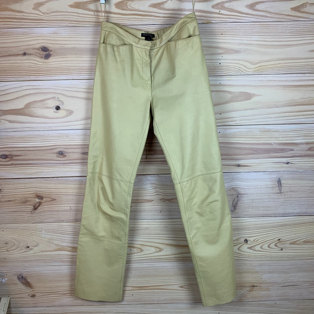 Kenneth Cole Leather Pants Womens 2 Beige‎ Straight Mid Rise Slit Cuff Y2K